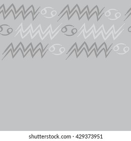 Horizontal seamless  pattern of zodiac signs, doodles,  object,cancer, aquarius, copy space. Hand drawn.