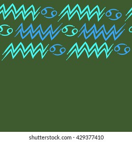 Horizontal seamless  pattern of zodiac signs, doodles,  object,cancer, aquarius, copy space. Hand drawn.