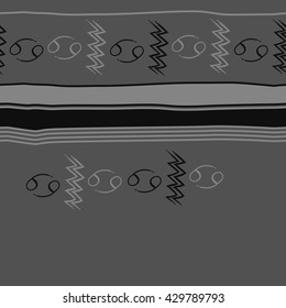Horizontal seamless  pattern of zodiac signs, doodles,  object,cancer, aquarius, stripes, spots, copy space. Hand drawn.