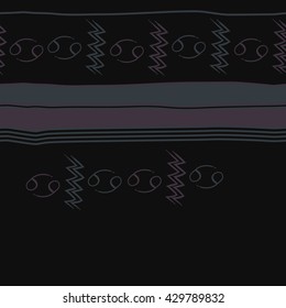 Horizontal seamless  pattern of zodiac signs, doodles,  object,cancer, aquarius, stripes, spots, copy space. Hand drawn.