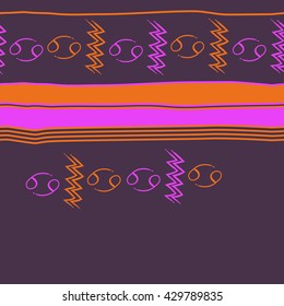 Horizontal seamless  pattern of zodiac signs, doodles,  object,cancer, aquarius, stripes, spots, copy space. Hand drawn.
