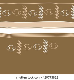 Horizontal seamless  pattern of zodiac signs, doodles,  object,cancer, aquarius, stripes, spots, copy space. Hand drawn.