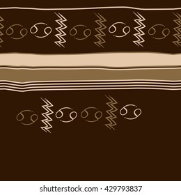Horizontal seamless  pattern of zodiac signs, doodles,  object,cancer, aquarius, stripes, spots, copy space. Hand drawn.