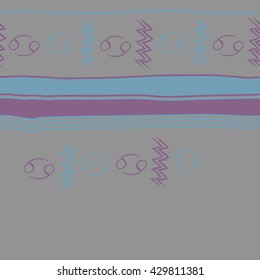 Horizontal seamless  pattern of zodiac signs, doodles,  object,cancer, aquarius, stripes, spots, copy space. Hand drawn.
