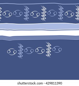 Horizontal seamless  pattern of zodiac signs, doodles,  object,cancer, aquarius, stripes, spots, copy space. Hand drawn.