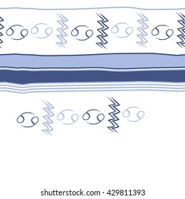 Horizontal seamless  pattern of zodiac signs, doodles,  object,cancer, aquarius, stripes, spots, copy space. Hand drawn.