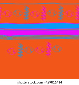 Horizontal seamless  pattern of zodiac signs, doodles,  object,cancer, aquarius, stripes, spots, copy space. Hand drawn.