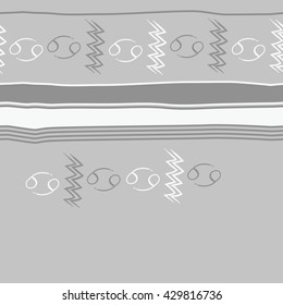 Horizontal seamless  pattern of zodiac signs, doodles,  object,cancer, aquarius, stripes, spots, copy space. Hand drawn.
