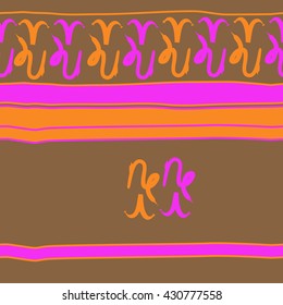 Horizontal seamless  pattern of zodiac signs, doodles,  object,aries,capricorn, stripes, spots, copy space. Hand drawn.
