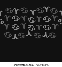 Horizontal seamless  pattern of zodiac signs, doodles,  object,aries,cancer,  copy space. Hand drawn.
