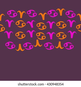 Horizontal seamless  pattern of zodiac signs, doodles,  object,aries,cancer,  copy space. Hand drawn.