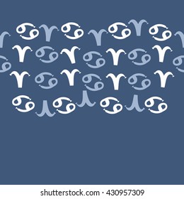 Horizontal seamless  pattern of zodiac signs, doodles,  object,aries,cancer,  copy space. Hand drawn.