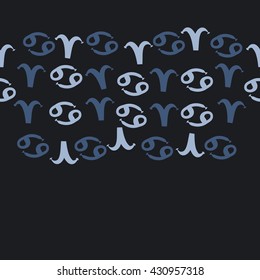 Horizontal seamless  pattern of zodiac signs, doodles,  object,aries,cancer,  copy space. Hand drawn.