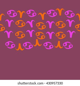 Horizontal seamless  pattern of zodiac signs, doodles,  object,aries,cancer,  copy space. Hand drawn.