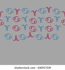 Horizontal seamless  pattern of zodiac signs, doodles,  object,aries,cancer,  copy space. Hand drawn.