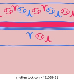 Horizontal seamless  pattern of zodiac signs, doodles,  object,aries,cancer,stripes, spot,  copy space. Hand drawn.