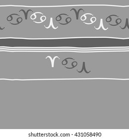Horizontal seamless  pattern of zodiac signs, doodles,  object,aries,cancer,stripes, spot,  copy space. Hand drawn.