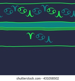 Horizontal seamless  pattern of zodiac signs, doodles,  object,aries,cancer,stripes, spot,  copy space. Hand drawn.