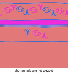 Horizontal seamless  pattern of zodiac signs, doodles,  object,aries,cancer,stripes, spot,  copy space. Hand drawn.