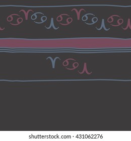 Horizontal seamless  pattern of zodiac signs, doodles,  object,aries,cancer,stripes, spot,  copy space. Hand drawn.