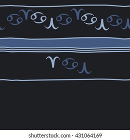 Horizontal seamless  pattern of zodiac signs, doodles,  object,aries,cancer,stripes, spot,  copy space. Hand drawn.