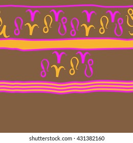 Horizontal seamless  pattern of zodiac signs, doodles,  object,aries,lion,stripes,spots,  copy space. Hand drawn.