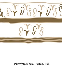 Horizontal seamless  pattern of zodiac signs, doodles,  object,aries,lion,stripes,spots,  copy space. Hand drawn.