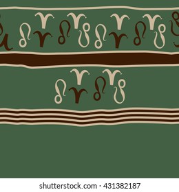 Horizontal seamless  pattern of zodiac signs, doodles,  object,aries,lion,stripes,spots,  copy space. Hand drawn.