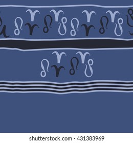 Horizontal seamless  pattern of zodiac signs, doodles,  object,aries,lion,stripes,spots,  copy space. Hand drawn.