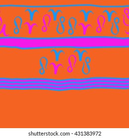 Horizontal seamless  pattern of zodiac signs, doodles,  object,aries,lion,stripes,spots,  copy space. Hand drawn.