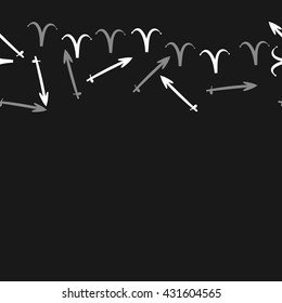 Horizontal seamless  pattern of zodiac signs, doodles,  object,aries,sagittarius,  copy space. Hand drawn.
