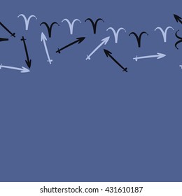Horizontal seamless  pattern of zodiac signs, doodles,  object,aries,sagittarius,  copy space. Hand drawn.