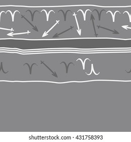 Horizontal seamless  pattern of zodiac signs, doodles,  object,aries,sagittarius, stripes, spot, copy space. Hand drawn.