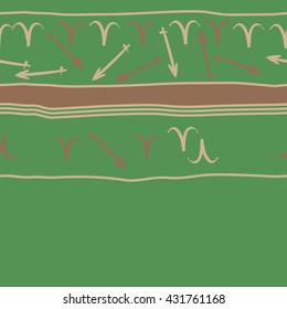 Horizontal seamless  pattern of zodiac signs, doodles,  object,aries,sagittarius, stripes, spot, copy space. Hand drawn.