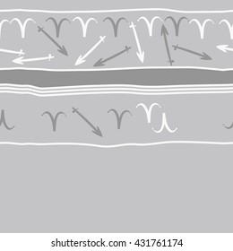 Horizontal seamless  pattern of zodiac signs, doodles,  object,aries,sagittarius, stripes, spot, copy space. Hand drawn.