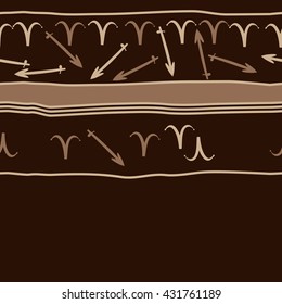 Horizontal seamless  pattern of zodiac signs, doodles,  object,aries,sagittarius, stripes, spot, copy space. Hand drawn.
