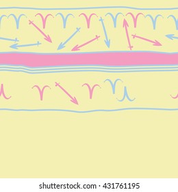Horizontal seamless  pattern of zodiac signs, doodles,  object,aries,sagittarius, stripes, spot, copy space. Hand drawn.
