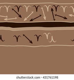 Horizontal seamless  pattern of zodiac signs, doodles,  object,aries,sagittarius, stripes, spot, copy space. Hand drawn.