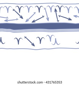 Horizontal seamless  pattern of zodiac signs, doodles,  object,aries,sagittarius, stripes, spot, copy space. Hand drawn.