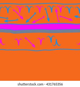 Horizontal seamless  pattern of zodiac signs, doodles,  object,aries,sagittarius, stripes, spot, copy space. Hand drawn.
