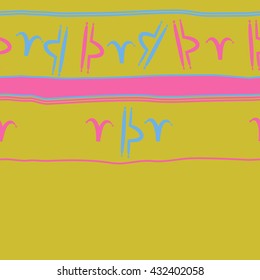 Horizontal seamless  pattern of zodiac signs, doodles,  object,aries,libra, stripes, spot, copy space. Hand drawn.