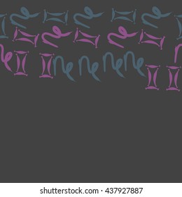 Horizontal seamless pattern of zodiac signs, doodles,  object,gemini,capricorn,copy space. Hand drawn.