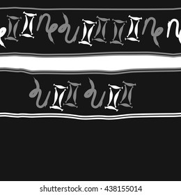 Horizontal seamless pattern of zodiac signs, doodles,  object,gemini,capricorn, stripes, spot, copy space. Hand drawn.