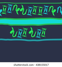 Horizontal seamless pattern of zodiac signs, doodles,  object,gemini,capricorn, stripes, spot, copy space. Hand drawn.