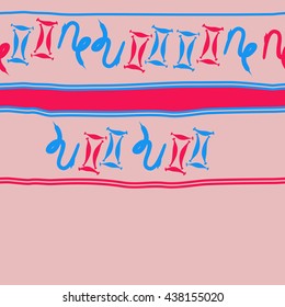 Horizontal seamless pattern of zodiac signs, doodles,  object,gemini,capricorn, stripes, spot, copy space. Hand drawn.