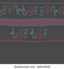 Horizontal seamless pattern of zodiac signs, doodles,  object,gemini,capricorn, stripes, spot, copy space. Hand drawn.