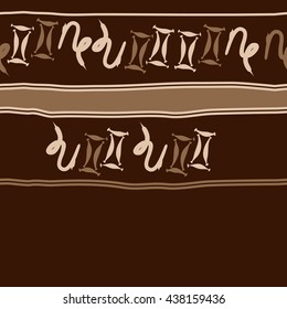 Horizontal seamless pattern of zodiac signs, doodles,  object,gemini,capricorn, stripes, spot, copy space. Hand drawn.