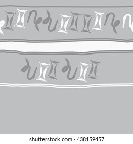 Horizontal seamless pattern of zodiac signs, doodles,  object,gemini,capricorn, stripes, spot, copy space. Hand drawn.