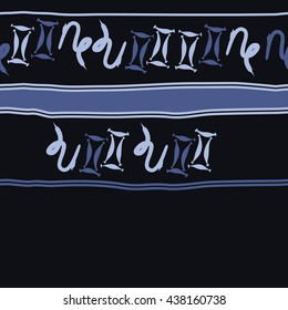 Horizontal seamless pattern of zodiac signs, doodles,  object,gemini,capricorn, stripes, spot, copy space. Hand drawn.