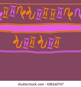 Horizontal seamless pattern of zodiac signs, doodles,  object,gemini,capricorn, stripes, spot, copy space. Hand drawn.